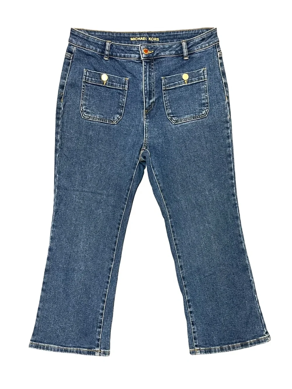 Michael Kors Dark Wash Flare Jeans Gold Button Front Pockets Women’s Size 10
